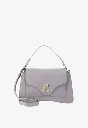 Borsa a mano in pelle grigio chiaro con chiusura dorata, manico superiore e tracolla regolabile su sfondo bianco.