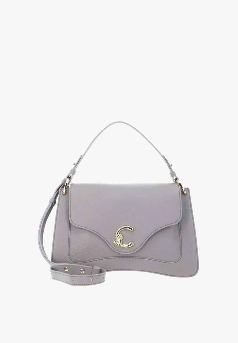 Sac à main en cuir gris clair avec un fermoir doré, une poignée supérieure et une bandoulière réglable sur un fond blanc.