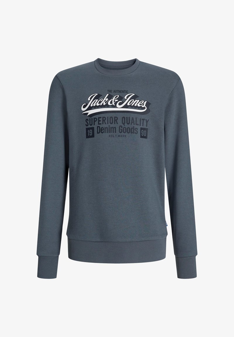 Tumesinine pikkade varrukatega dressipluus ribamotiiviga varrukaotste ja alaosaga, valge ja musta tekstiga ""Jack & Jones Superior Quality Denim Goods 1990.""