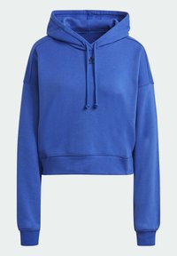 Haut court bleu en tissu doux, avec une capuche à cordon, des manches à poignets, et un logo minimaliste à l'avant.