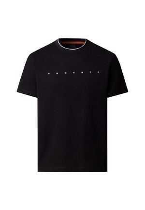 T-shirt nera a maniche corte con scollo rotondo e scritta bianca "HACKETT" centrata sul petto.