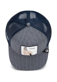 Gorra de béisbol gris con parte trasera de malla, que presenta rayas y un parche de un caballo etiquetado como "CAMPEÓN". Muestra una corona redondeada y cierre tipo snapback.