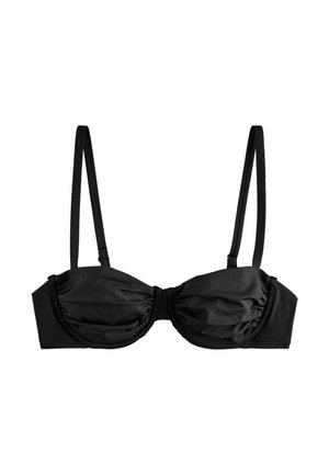 Černý vršek bikiny s nařasenými detaily, s kosticemi pro podporu, nastavitelnými ramínky a hladkou texturou. Klasický design plavek.