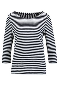 Maglietta a maniche lunghe a righe bianche e nere con scollatura ampia. Il tessuto presenta una texture a coste con modelli a righe uniformi in tutto.