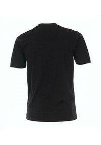 Sort kortærmet t-shirt lavet af blød bomuld. Har en klassisk rund hals og en afslappet pasform. Glat tekstur uden yderligere mønstre.