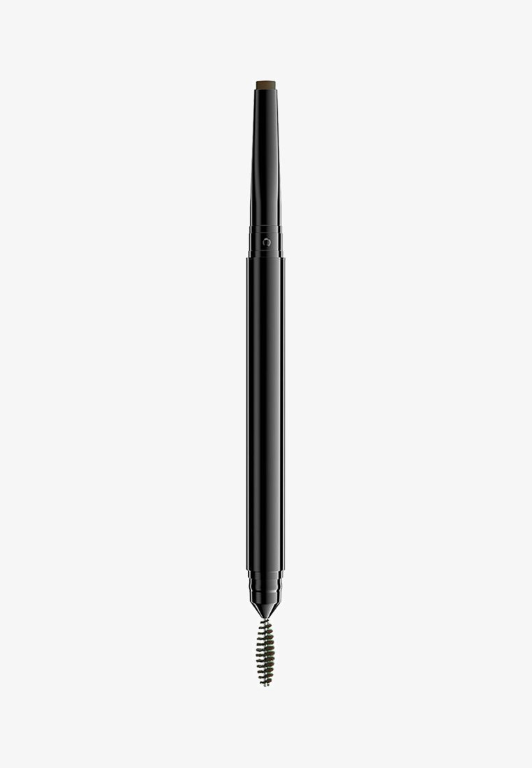 Schwarzer Augenbrauenstift mit feiner Spitze und einer Spiralkonsole am Ende. Der Stiftkörper ist schlank und zylindrisch, was den Griff und die Kontrolle verbessert.