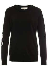 Zwarte sweatshirt met een ronde hals, lange mouwen, geribde boorden en zoom. Voorzien van een witte grafische print langs de linkermouw.