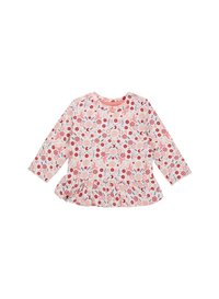 Langsleeve, roze kindertrui met een bloemenpatroon in rood, blauw en wit. Heeft een gerimpelde zoom en een ronde halslijn.