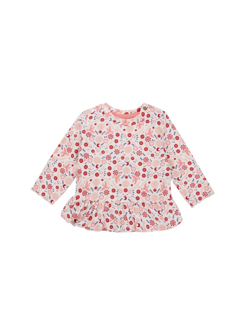 Langsleeve, roze kindertrui met een bloemenpatroon in rood, blauw en wit. Heeft een gerimpelde zoom en een ronde halslijn.
