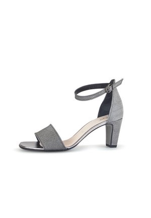 Gray heeled sandal with a textured finish, open toe, and ankle strap. Features a block heel for stability and minimalistic design elements.