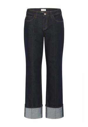 Jeans de mezclilla azul oscuro con corte recto y cropped. Presentan puños enrollados en mezcla de color más claro, costuras en contraste y cierre frontal de botones.