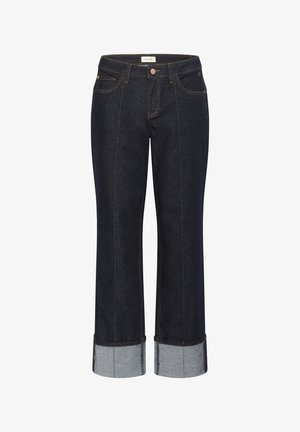 Dunkelblaue Jeans aus Denim mit geradem, verkürztem Schnitt. Verfügt über aufgerollte Bündchen aus hellerem Denim, kontrastierende Nähte und einen vorderen Knopfverschluss.