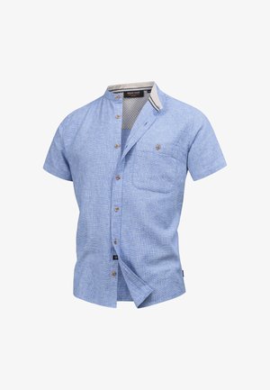 Lichtblauw herenoverhemd met korte mouwen, van textuurstof, houten knopen, een borstzak en een knoopbare mandarinakraag.