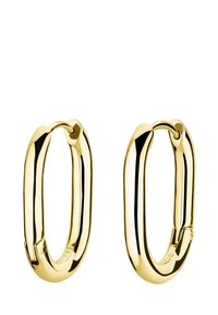 Pendientes de aro en tono dorado con una superficie suave y brillante y forma de óvalo alargado. Presentan un mecanismo de cierre seguro para facilitar su uso.