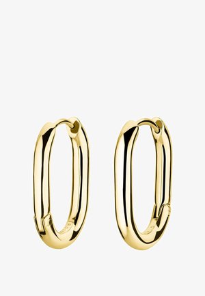 Orecchini a cerchio dorati con una superficie liscia e lucida e forma ovale allungata. Presentano un meccanismo di chiusura sicuro per una facile indossabilità.