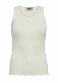 Ribbed white tank top with a round neckline and scalloped hem. Made from soft, stretchy fabric, featuring no embellishments or patterns.