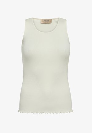 Top de tirantes blanco con canalé, de escote redondo y dobladillo con bordes en picos. Confeccionado en un tejido suave y elástico, sin adornos ni patrones.