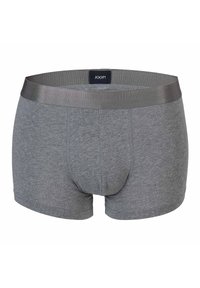 Boxer in cotone grigio con una cintura elastica liscia che presenta un'etichetta con logo cucita. Il tessuto ha una consistenza morbida e fine.