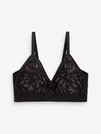 Zwarte kanten bralette met een driehoekige vorm, bloemmotief en contrasterende gladde band. Verstelbare banden en scalloped afwerking.