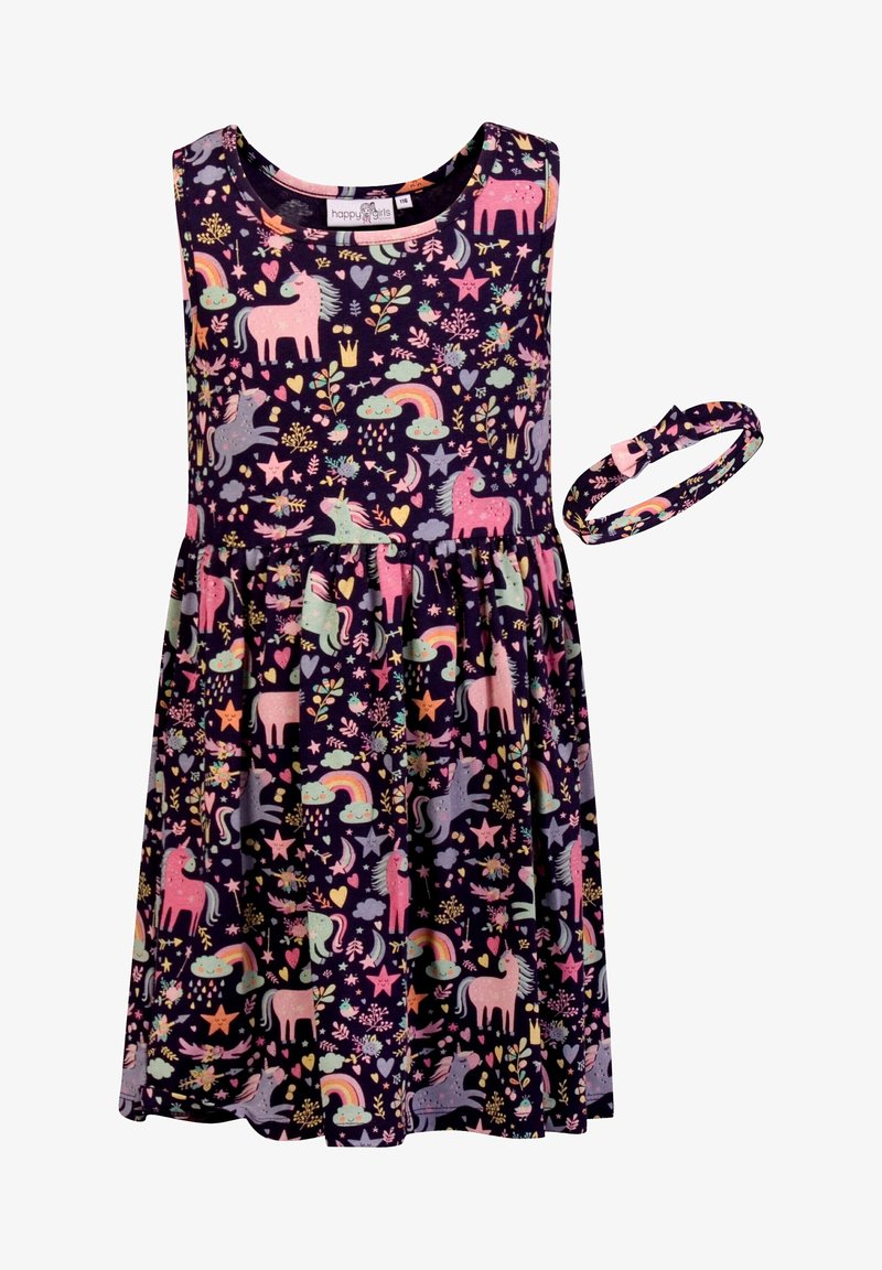 Robe sans manches pour filles et bandeau assorti avec un motif coloré de licorne, arc-en-ciel, étoile et cœur sur fond sombre.