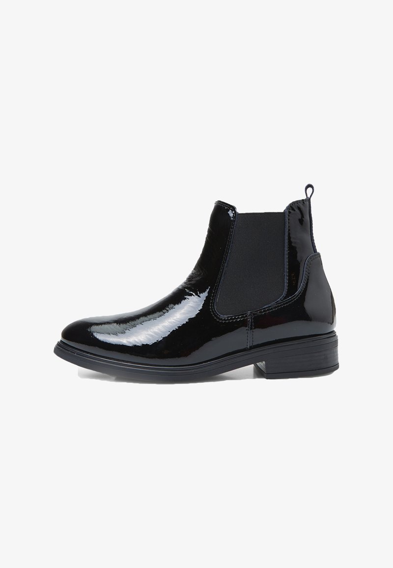 Bottines Chelsea en cuir verni noir avec panneaux élastiques sur les côtés, bout rond, petit talon carré et tirette à l'arrière. Fini lisse et brillant.
