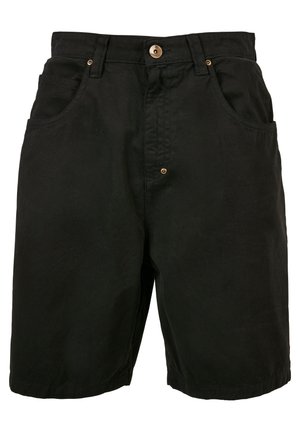 Black cotton shorts with a waistband, two front pockets, and a single button closure. Features a textured fabric and minimal detailing.