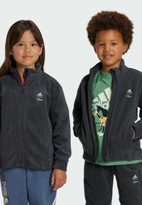 Giacche in pile grigie con zip frontale, con logo Adidas e marchio Disney. Accompagnate da una maglietta verde e pantaloni blu con design.