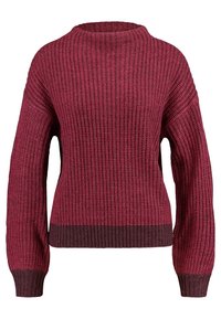 Maglione di lana bordeaux con collo rotondo, texture a costine e maniche lunghe. Orlo a costine più scuro in vita e sui polsini.