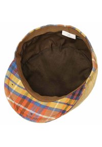 Flat cap made of multicolored plaid fabric with yellow, blue, and orange patterns. Interior lined with dark brown fabric.