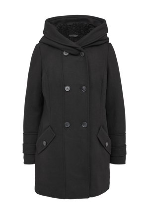 Manteau noir à capuche avec fermeture à double boutonnage, poches latérales et accents côtelés sur les manches, fabriqué à partir d'un tissu texturé.