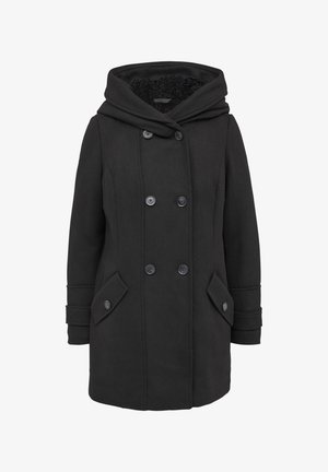 Schwarzer, kapuzenförmiger Mantel mit doppelt geknöpfter Vorderseite, Seitentaschen und gerippten Akzenten an den Ärmeln, aus strukturiertem Stoff gefertigt.