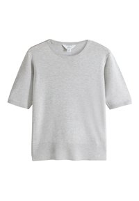 Sivo svijetli pleteni džemper kratkih rukava sa zaobljenim izrezom, glatke teksture i rebrastim rubom na donjem dijelu i rubovima rukava. Minimalistički dizajn.