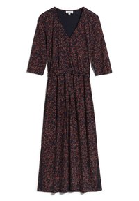 Robe maxi florale en tissu navy avec des fleurs de couleur rouille, décolleté en V, manches trois-quarts et taille cintrée par un lien.