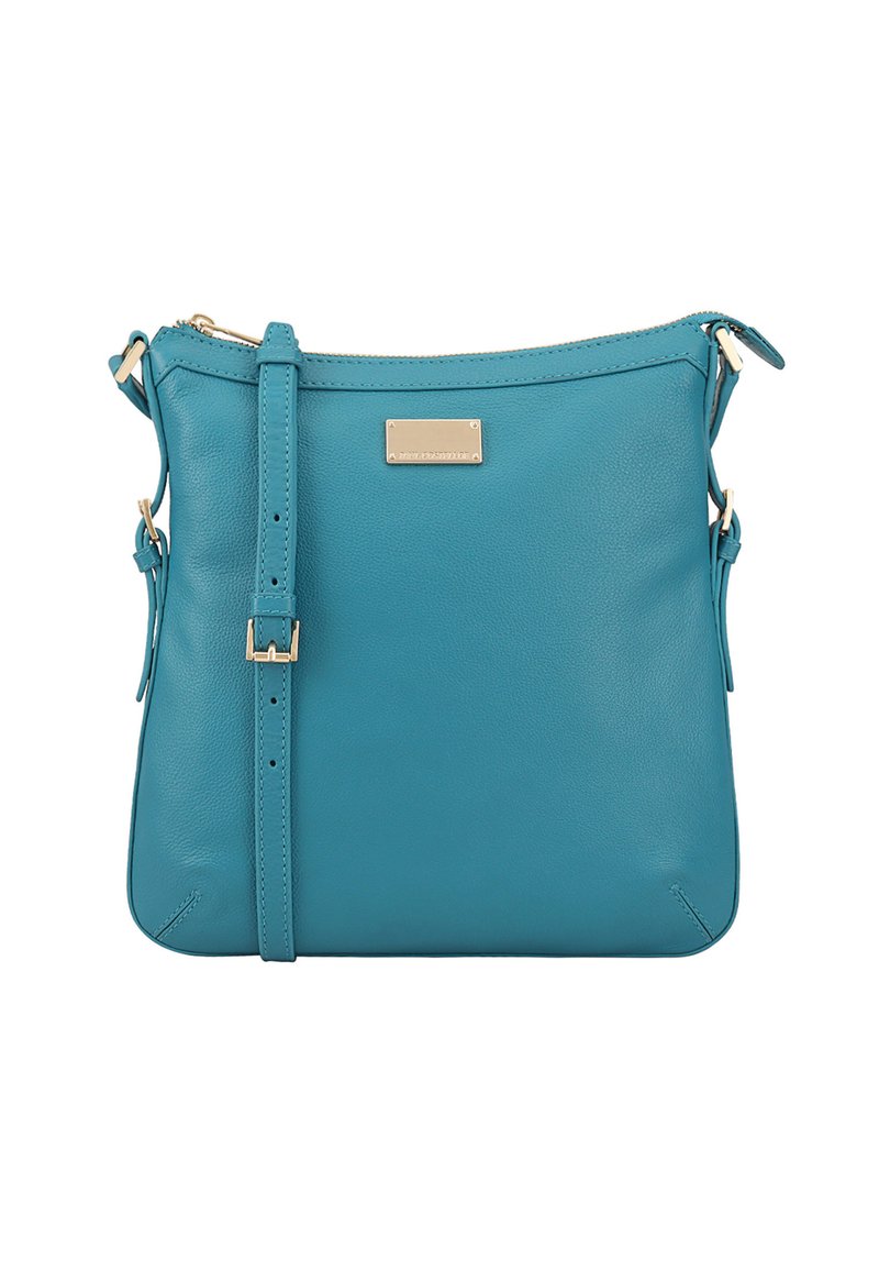 Turquoise leren crossbody tas met een gladde textuur, verstelbare schouderband en een subtiele gouden hardware accent aan de voorkant.