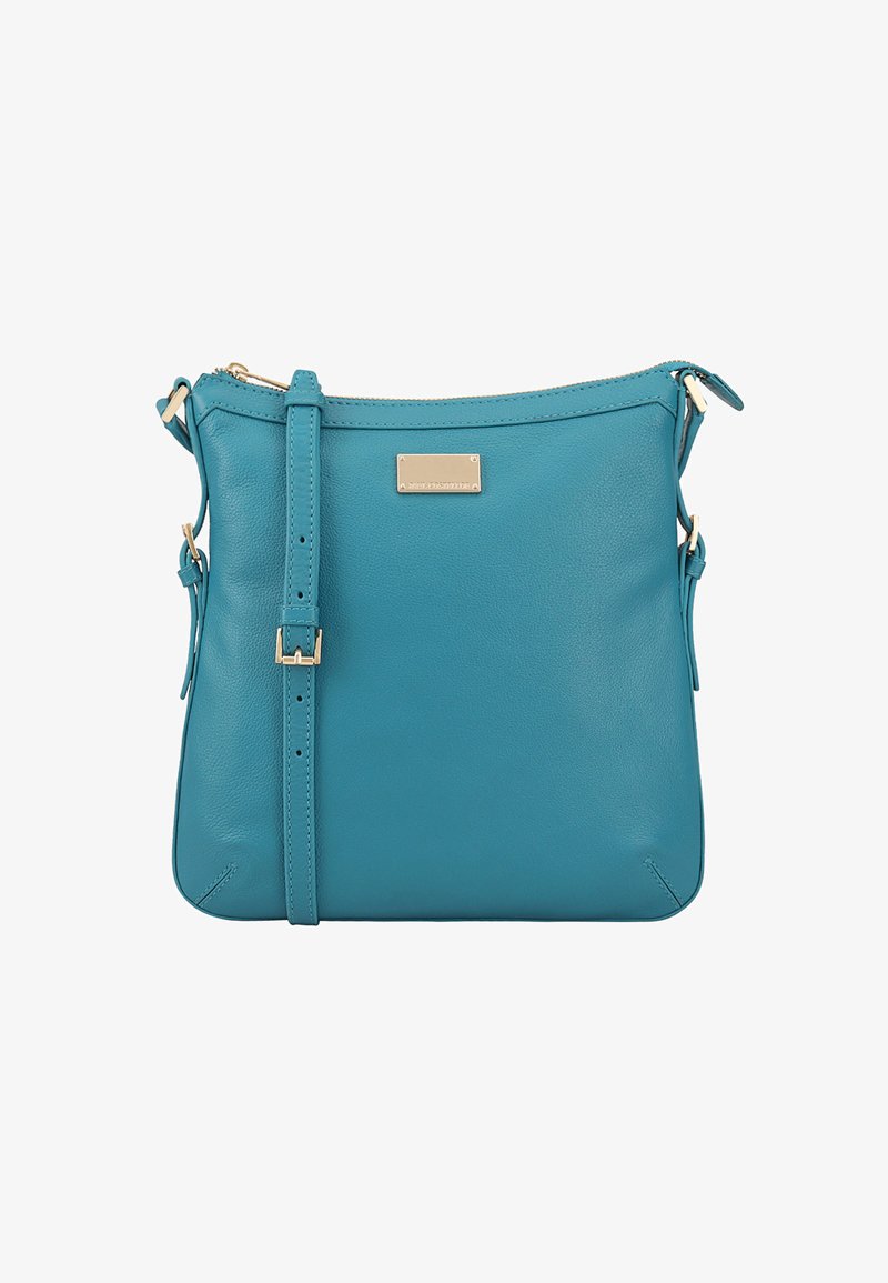 Turquoise leren crossbody tas met een gladde textuur, verstelbare schouderband en een subtiele gouden hardware accent aan de voorkant.