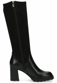 Botas negras de ante y cuero hasta la rodilla, que cuentan con una cremallera vertical, puntera redondeada y un tacón grueso con una suela texturizada.
