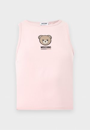 Lyserød ærmeløs tanktop med en bamsegrafik og teksten "MOSCHINO UNDERBEAR" centreret på brystet.