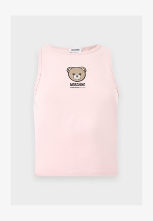 Débardeur rose clair sans manches avec un graphisme d'ours en peluche et le texte "MOSCHINO UNDERBEAR" centré sur la poitrine.
