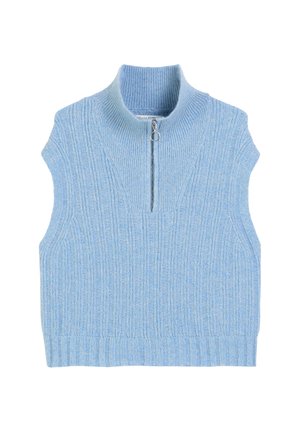 Ärmelloses, blaues Rippenstrickoberteil mit hohem Kragen und einem Reißverschluss vorne. Weiche Textur mit vertikalen Streifen und einer taillierten Silhouette.