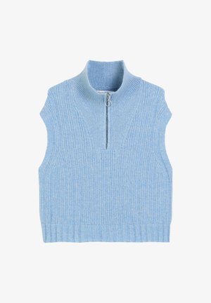 Haut sans manches en tricot côtelé bleu avec un col montant et une fermeture éclair frontale. Texture douce avec des lignes verticales et une silhouette ajustée.