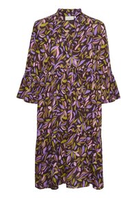 Vestido floral en marrón oscuro con patrones de hojas en púrpura, rosa y verde. Cuenta con cuello, mangas con volantes y un dobladillo en capas.