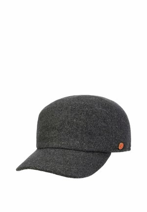 Dunkelgraue Woll-Baseballkappe mit gebogenem Schirm und kleinem rundem orangem Logo an der Seite.