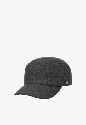 Dark gray wool baseball cap with a curved brim and a small round orange logo on the side.