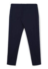 Pantaloni blu navy con una texture liscia, design slim fit, due tasche posteriori e una vita con passanti per cintura.