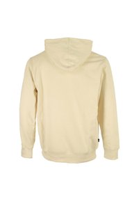 Felpa con cappuccio color beige, dalla consistenza morbida, maniche lunghe e un design semplice. Presenta un cappuccio con cordino e polsini e orlo a costine.