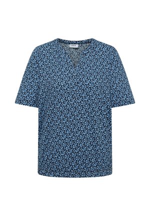 Donkerblauwe blouse met korte mouwen en een blauw bladprint, voorzien van een kleine V-hals, gemaakt van lichtgewicht stof.