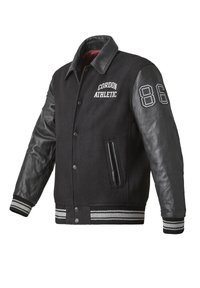 Schwarze College-Jacke mit Wolleinsatz und Lederärmeln. Mit dem Text "CORDON ATHLETIC", der Nummer "86", gestreiften Bündchen und einer seitlichen Reißverschlusstasche.