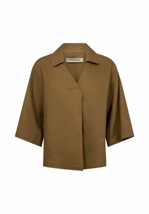 Brązowy lniany top z krótkim rękawem, kołnierzykiem i dekoltem w kształcie litery V, z zakładanym z przodu zapięciem i luźnym krojem.