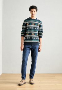 Fair isle trui met marineblauwe, groene en crème patronen, met motieven van bomen en dieren. Draagt een blauwe spijkerbroek en beige veterschoenen.