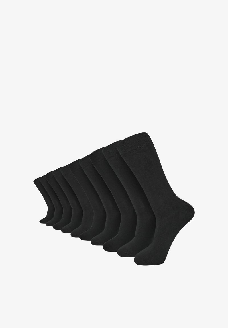 Calze di cotone nere disposte in fila, con una texture liscia e lunghezza a metà polpaccio, adatte per vari tipi di calzature.